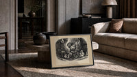 Santa Claus with cats and dogs print in a slim black frame leaning on a travertine coffee table