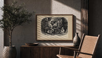 Santa Claus with cats and dogs print in a wood frame above a fluted sideboard beside an olive tree