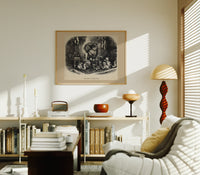 Santa Claus with cats and dogs print in an oak frame above a mid-century book console with a vintage radio