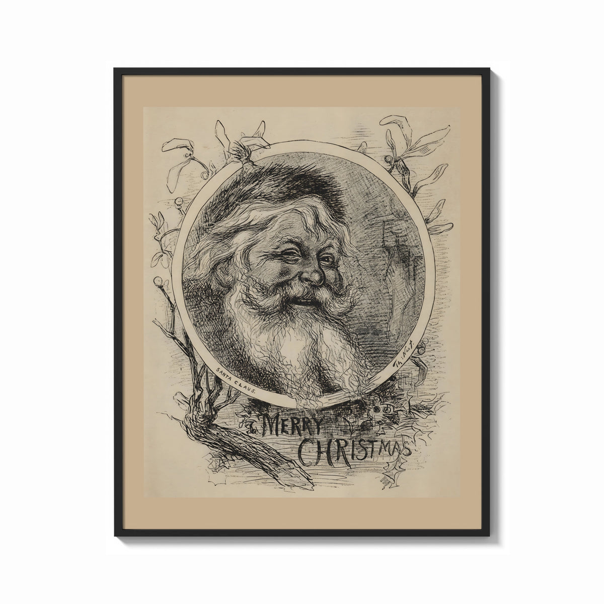 Framed Bearded Santa Claus head in oval print shown as a bold statement piece on a clean gallery wall