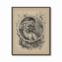 Framed Bearded Santa Claus head in oval print shown as a bold statement piece on a clean gallery wall