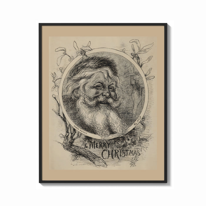 Framed Bearded Santa Claus head in oval print shown as a bold statement piece on a clean gallery wall