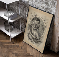 Bearded Santa Claus head in oval poster in a black frame leaning beside a shelf in a raw-plaster loft
