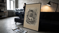Bearded Santa Claus head in oval print in a slim black frame leaning on a dark sofa in a concrete print studio