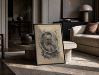 Bearded Santa Claus head in oval print in a black frame leaning on a travertine table in a sunlit lounge