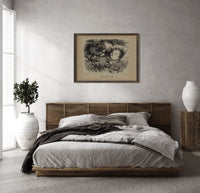 Santa Claus watching a sleeping child print in a dark wood frame above a rattan bed on a plaster wall