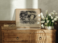 Santa Claus watching a sleeping child print in an oak frame on a farmhouse dresser beside white tulips