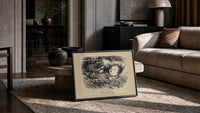Santa Claus watching a sleeping child print in a slim black frame leaning on a travertine coffee table