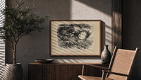 Santa Claus watching a sleeping child print in a wood frame above a fluted sideboard beside an olive tree
