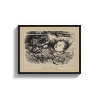 Framed Santa Claus watching a sleeping child print shown as a wide statement piece on a clean white wall