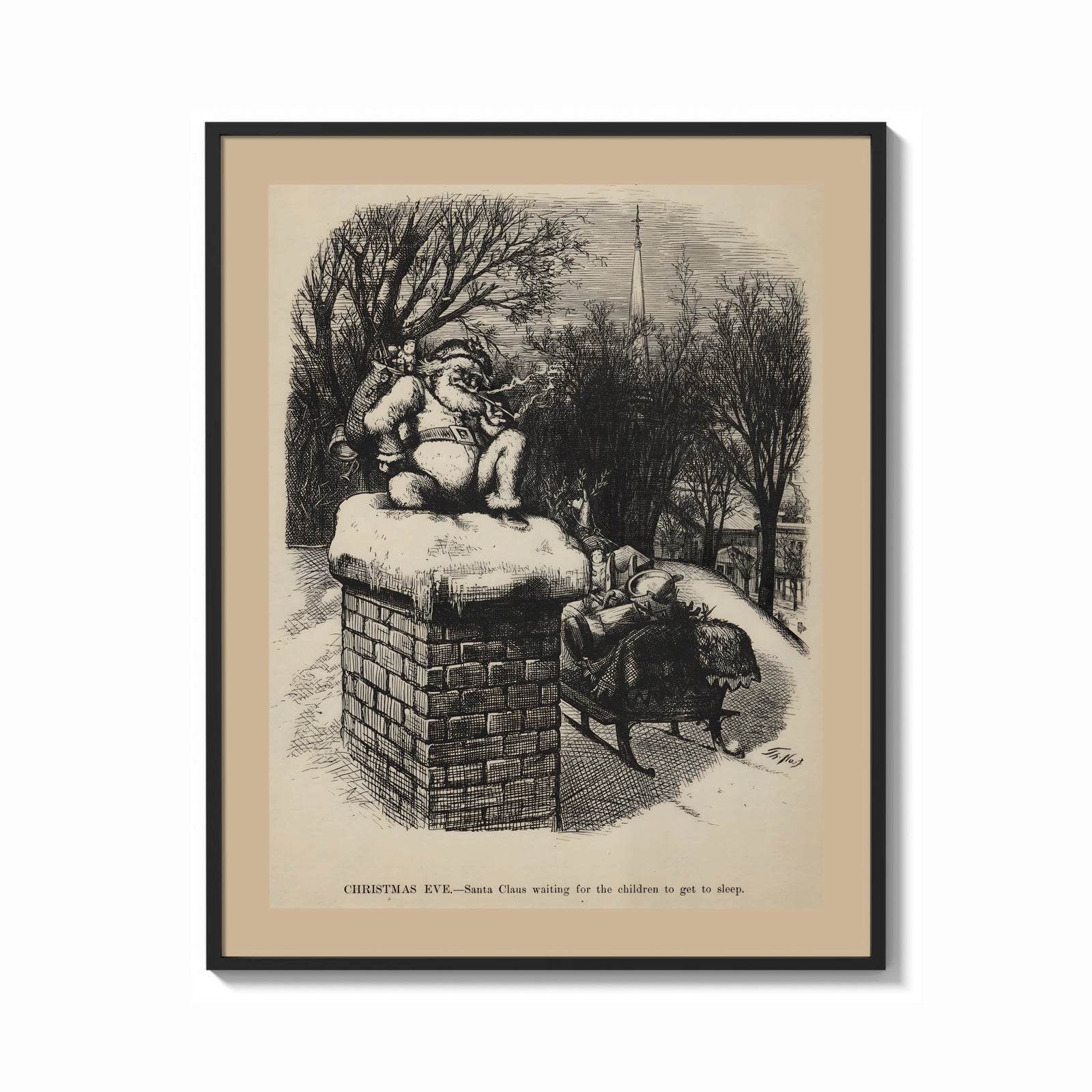 Framed Santa Claus sitting atop snowy chimney print shown as a bold statement piece on a clean gallery wall