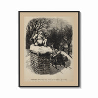 Framed Santa Claus sitting atop snowy chimney print shown as a bold statement piece on a clean gallery wall