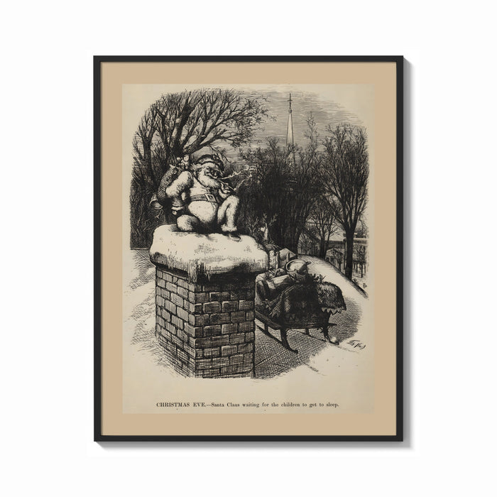 Framed Santa Claus sitting atop snowy chimney print shown as a bold statement piece on a clean gallery wall
