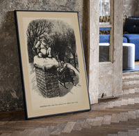 Santa Claus sitting atop snowy chimney print in a black frame leaning beside a vintage door on parquet