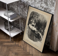 Santa Claus sitting atop snowy chimney poster in a black frame leaning beside a shelf in a raw-plaster loft