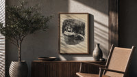 Santa Claus sitting atop snowy chimney poster framed above a fluted sideboard beside an olive tree