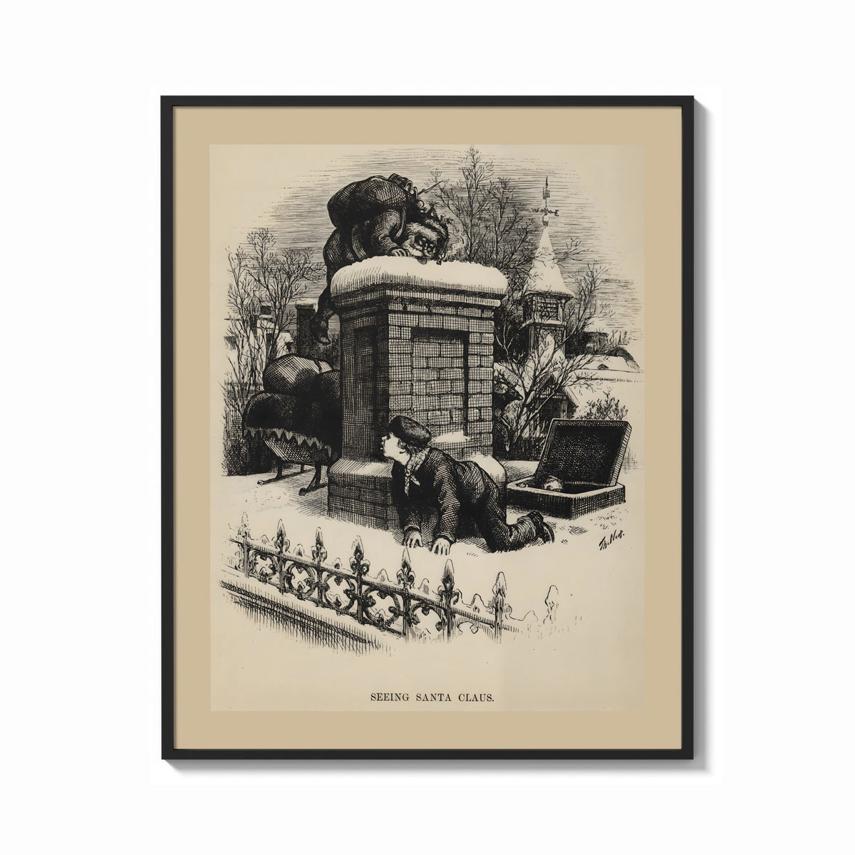 Framed Boy watching Santa climb a chimney print shown as a bold statement piece on a clean gallery wall