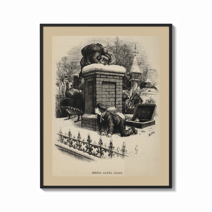 Framed Boy watching Santa climb a chimney print shown as a bold statement piece on a clean gallery wall