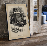 Boy watching Santa climb a chimney print in a black frame leaning beside a vintage door on parquet