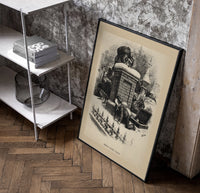 Boy watching Santa climb a chimney poster in a black frame leaning beside a shelf in a raw-plaster loft