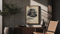 Boy watching Santa climb a chimney poster framed above a fluted sideboard beside an olive tree