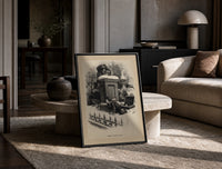 Boy watching Santa climb a chimney print in a black frame leaning on a travertine table in a sunlit lounge