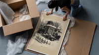 Boy watching Santa climb a chimney framed print being unpacked from protective bubble wrap and a box