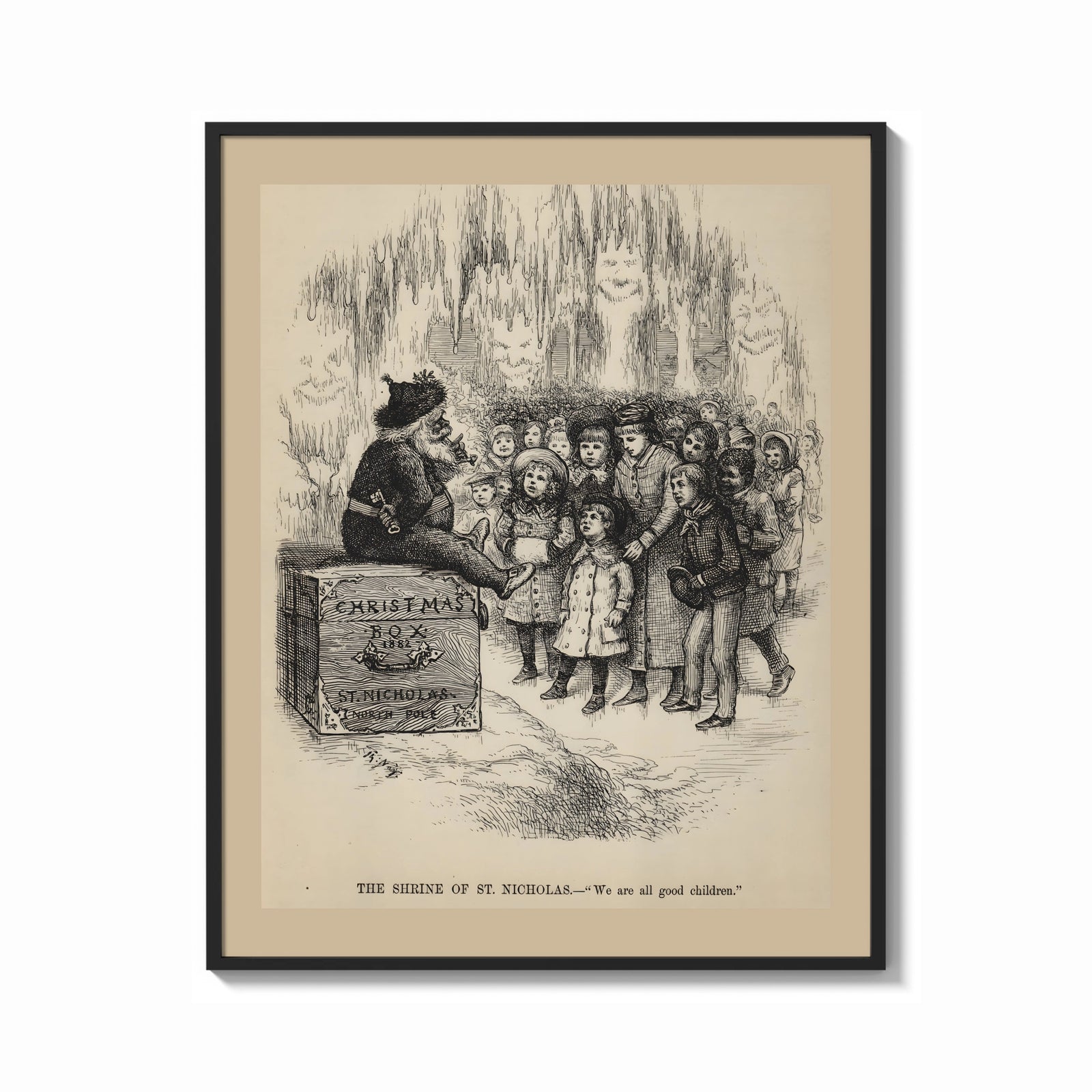 Framed Santa Claus on Christmas box with children print shown as a bold statement piece on a clean gallery wall