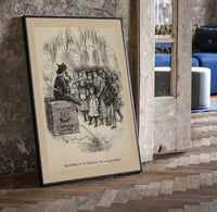 Santa Claus on Christmas box with children print in a black frame leaning beside a vintage door on parquet