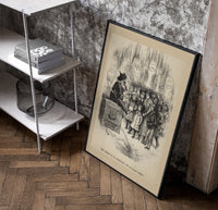 Santa Claus on Christmas box with children poster in a black frame leaning beside a shelf in a raw-plaster loft