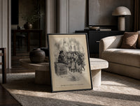 Santa Claus on Christmas box with children print in a black frame leaning on a travertine table in a sunlit lounge