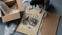 Santa Claus on Christmas box with children framed print being unpacked from protective bubble wrap and a box