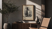Small child seen from behind undressing poster framed above a fluted sideboard beside an olive tree