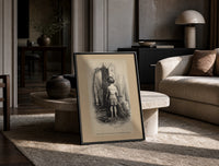 Small child seen from behind undressing print in a black frame leaning on a travertine table in a sunlit lounge