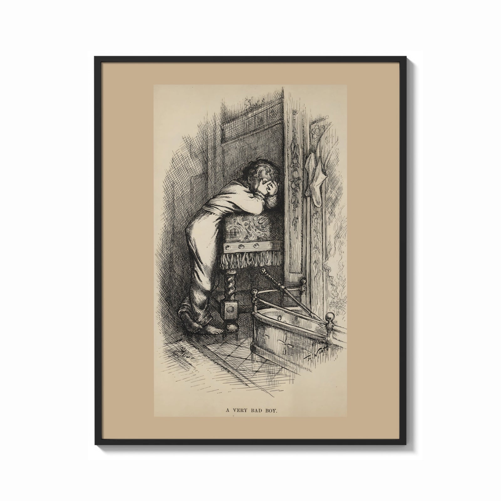 Framed Boy hiding face beside fireplace print shown as a bold statement piece on a clean gallery wall