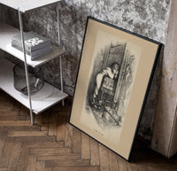 Boy hiding face beside fireplace poster in a black frame leaning beside a shelf in a raw-plaster loft