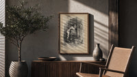 Boy hiding face beside fireplace poster framed above a fluted sideboard beside an olive tree