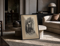Boy hiding face beside fireplace print in a black frame leaning on a travertine table in a sunlit lounge
