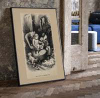 Two children waiting up on Christmas Eve print in a black frame leaning beside a vintage door on parquet