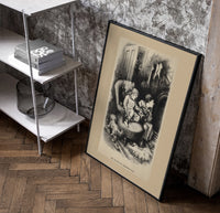 Two children waiting up on Christmas Eve poster in a black frame leaning beside a shelf in a raw-plaster loft
