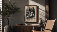 Two children waiting up on Christmas Eve poster framed above a fluted sideboard beside an olive tree