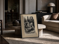 Two children waiting up on Christmas Eve print in a black frame leaning on a travertine table in a sunlit lounge