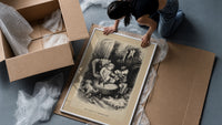 Two children waiting up on Christmas Eve framed print being unpacked from protective bubble wrap and a box