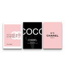 Three Chanel-inspired fashion posters in pink and black featuring CC logo, COCO typography, and N°5 branding
