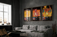 Three Charmander evolution prints displayed in mockup frames on a dark living room wall with modern decor