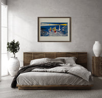 Three Wise Men riding camels toward star print in a dark wood frame above a rattan bed on a plaster wall