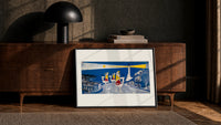 Three Wise Men riding camels toward star print in a black frame leaning against a walnut console in lamplight