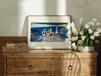 Three Wise Men riding camels toward star print in an oak frame on a farmhouse dresser beside white tulips