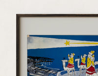 Close-up of the Three Wise Men riding camels toward star print's dark wood frame corner and archival matte paper