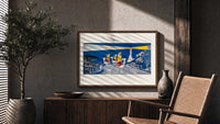 Three Wise Men riding camels toward star print in a wood frame above a fluted sideboard beside an olive tree